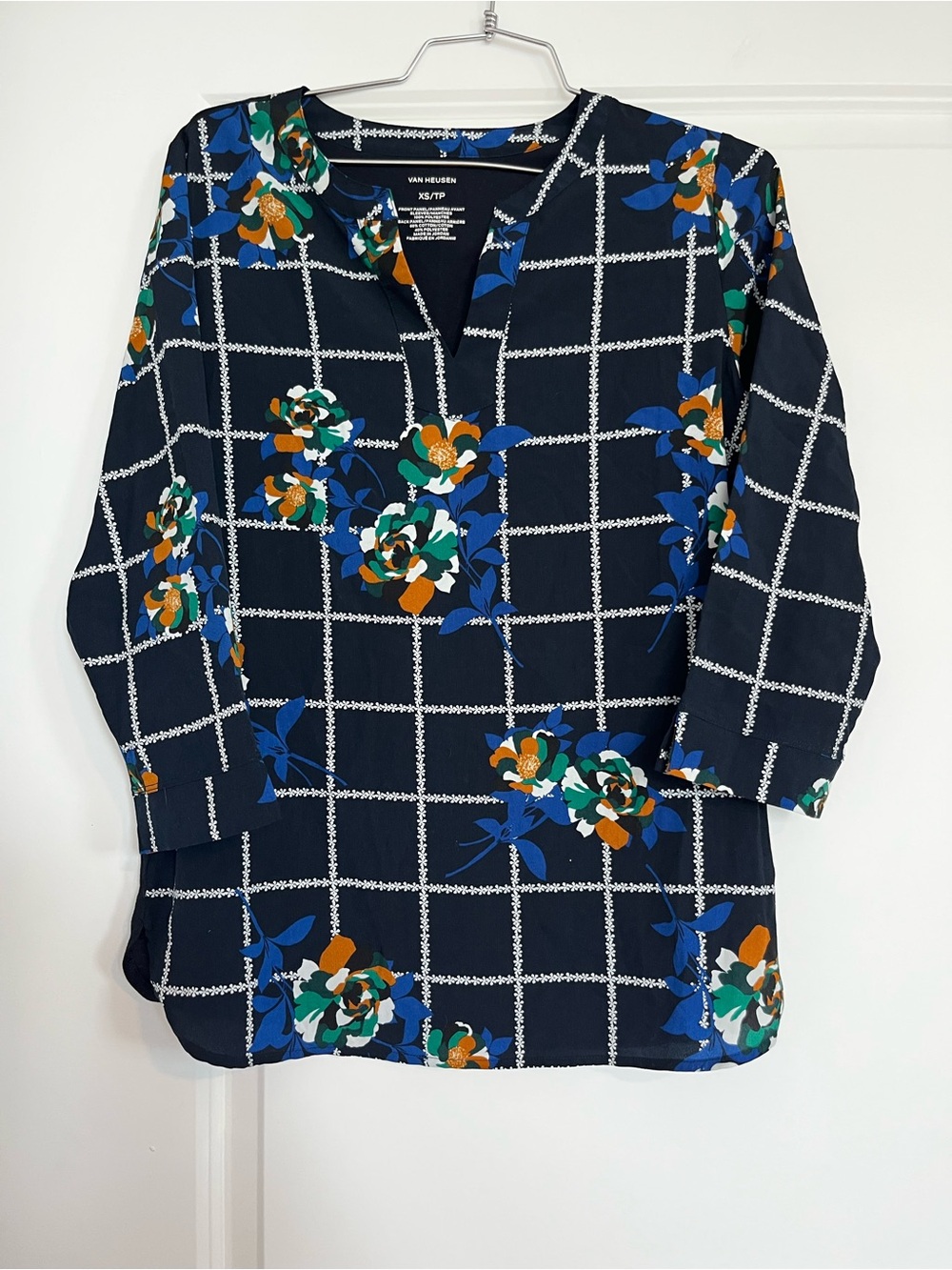 Van Heusen Navy Floral Grid Tunic Top with Blue & Green Accents